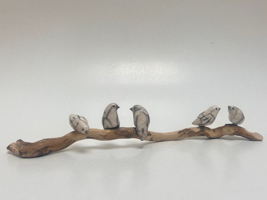 Frederique Delcourt cinq petits oiseaux sur bois flotté a