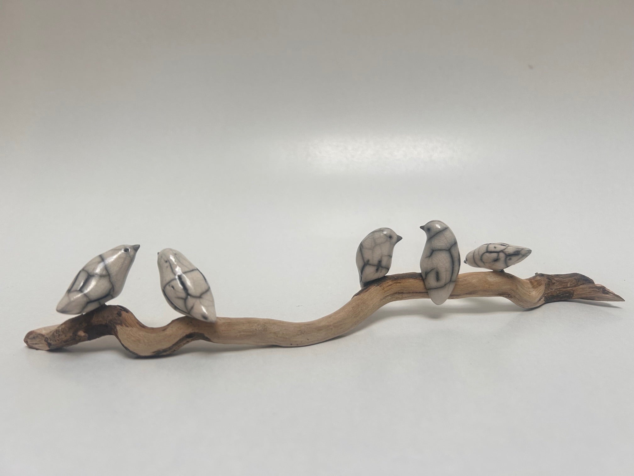 Frederique Delcourt cinq petits oiseaux sur bois flotté b1